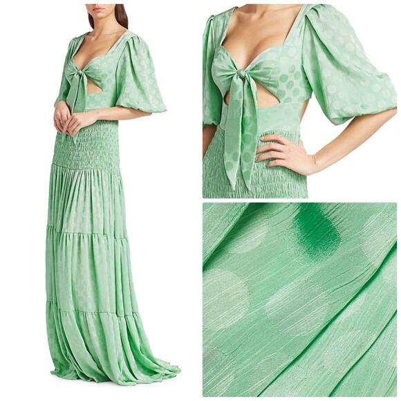 PatBo Women's Satin Dot Ruched Barrel cuff Maxi Dress in Green Size 2 - Picture 2 of 6
